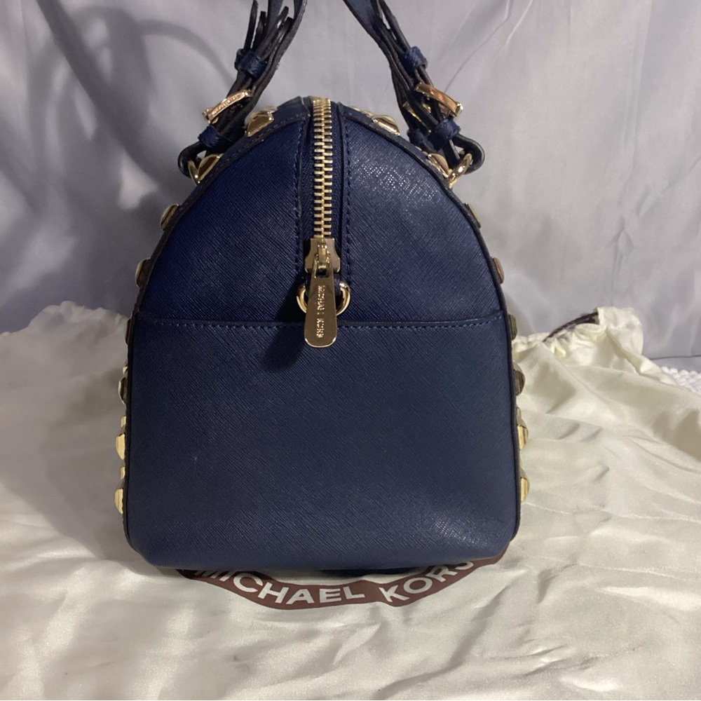 MICHAEL Kors Navy Blue Gold Studded Leather Grayson Satchel with Long Strap - Picture 5 of 13